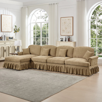 Classic Three Seater Modular L Shaped Sectional Couch with Flared Arms and Removable Ruffles Pleats Skirts and Spindle Legs, Comfy Chenille Four-Seat Deep Seat Sofa with Movable Ottoman