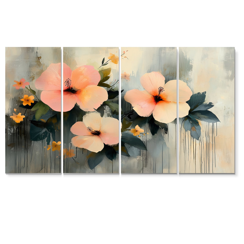 Minimalisme Hibiscus Spring Symphony - Hibiscus Wall Art - Art mural traditionnel pour le salon, H 28 po x l 48 po, 4