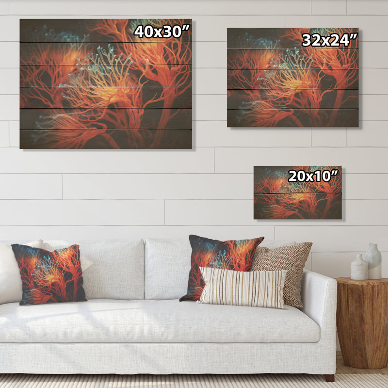 Colorful Red Anemone Reef - Coastal Coral Under Water Wood Wall Art On Natural Pine Wood, 10" H x 20" W