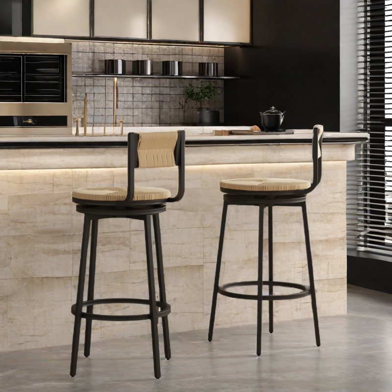 2 chaises de comptoir pivotantes avec corde en papier tissé Chrissiana, Brun