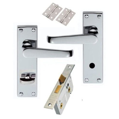  Victorian Straight Bathroom Door Handles in Polished Chrome Finish with 64mm Lock & 1 Pair of 3" Butt Hinges