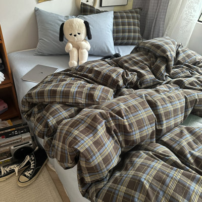 LIFETOWN Plaid Duvet Cover Set 100% Washed Cotton Natural Linen Like Reversible Grid Checkered Bedding Set 3 Pieces with Zipper Closure