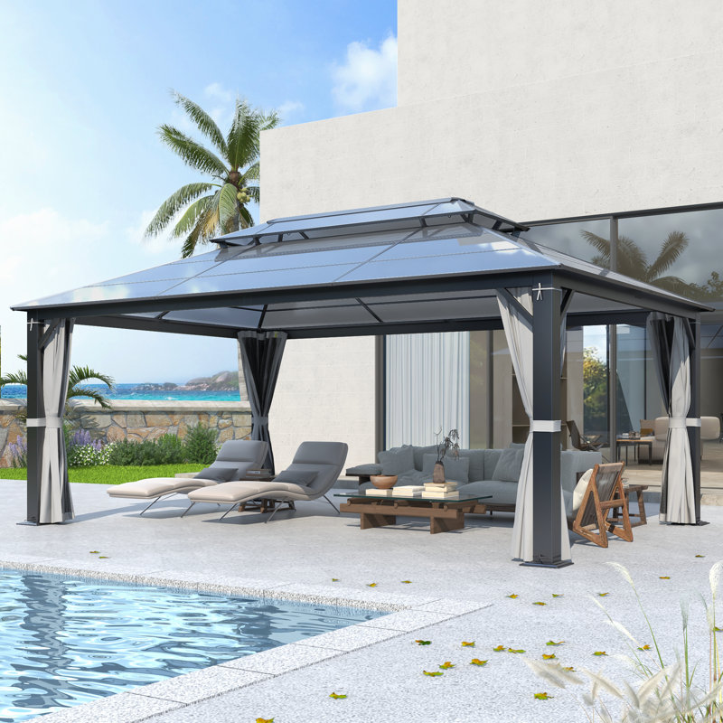 Patio Gazebo Double Roof with Steel Frame, Polycarbonate Hardtop Aluminum Gazebo, 12 ft. W x 16 ft. D