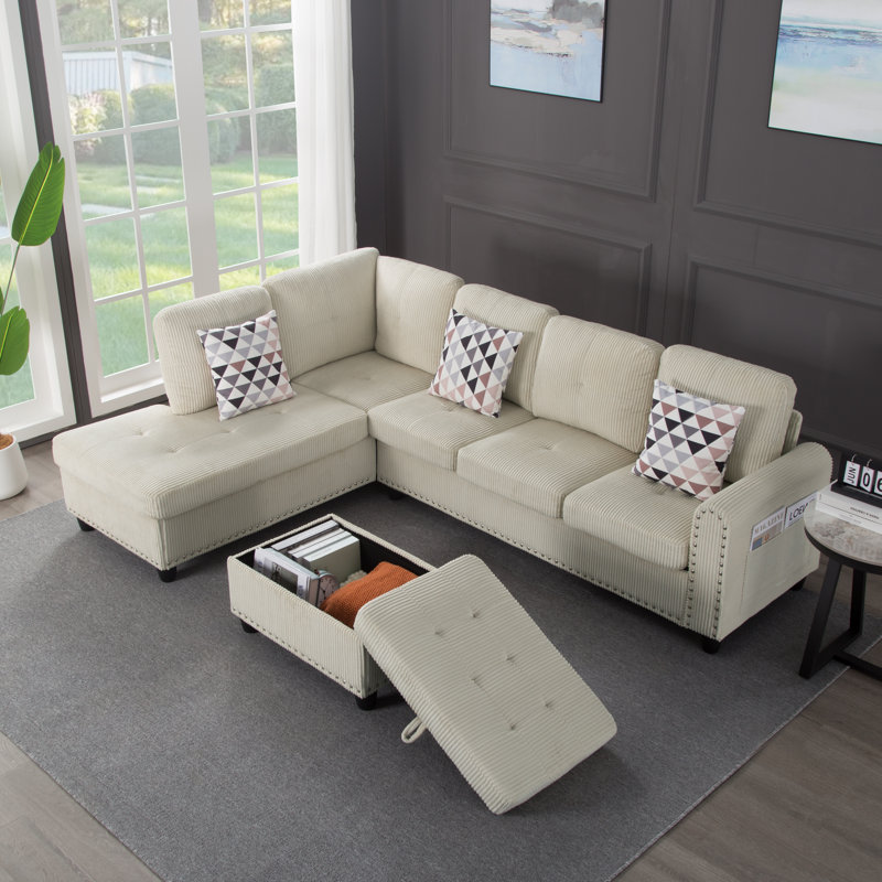 3 - Piece Upholstered Sectional, Beige Corduroy
