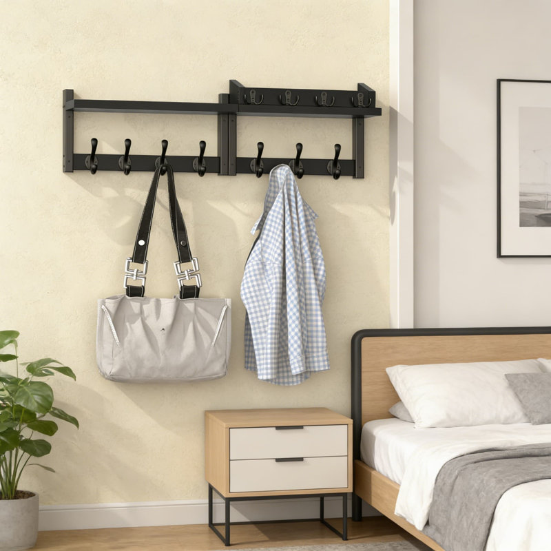 Portemanteau mural avec tablette et 11 crochets, organisateur d'entrée en bois massif pour clés, courrier, chapeaux, manteaux et sacs à dos, cintre mural