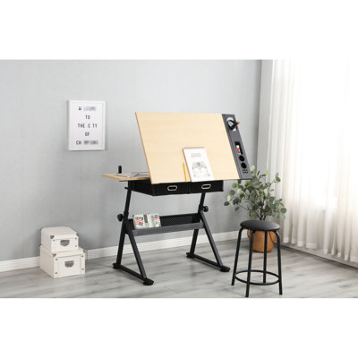 Home Office Adjustable Drafting Table, 2 Drawers, 0 - 75° Tilting Desktop, Stool, American White Oak Metal Table Desk, Tiltable, Oak, +
