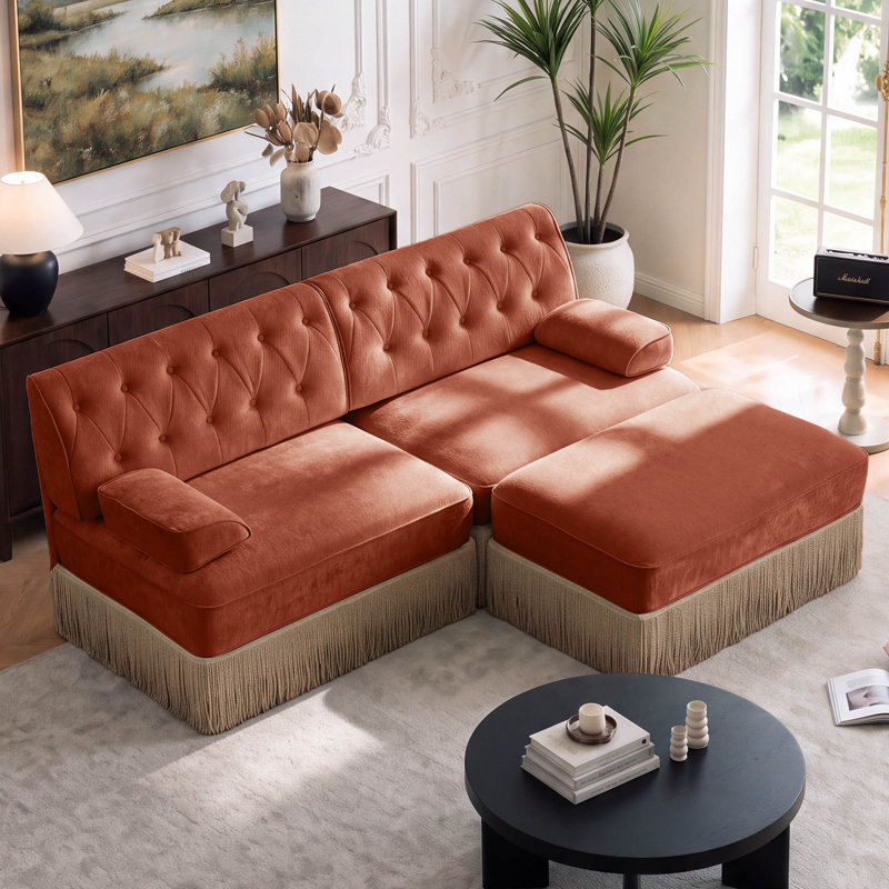 Canapé modulaire en velours capitonné 76,6 po avec jupe à franges et repose-pieds mobile Chesterfield, Red Brown Velvet