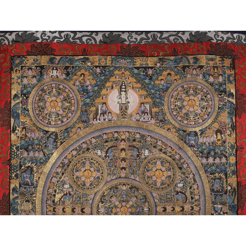 Dix mandalas Thangka avec brocart, environ 47 x 33 po, toile peinte à la main avec détail en or pur 24 carats, art bouddhiste tibétain sacré à géométrie sacrée pour salles de méditation et décoration intérieure