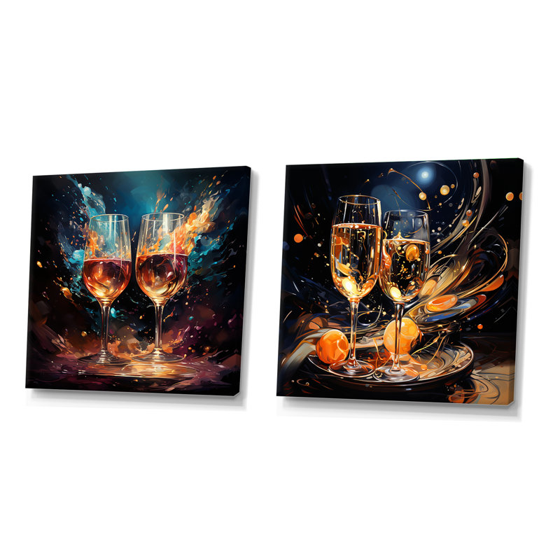 Joyful Bubbles - Ensemble de 2 collages carrés vin et champagne, Toile tendue, H 36 po x l 73 po