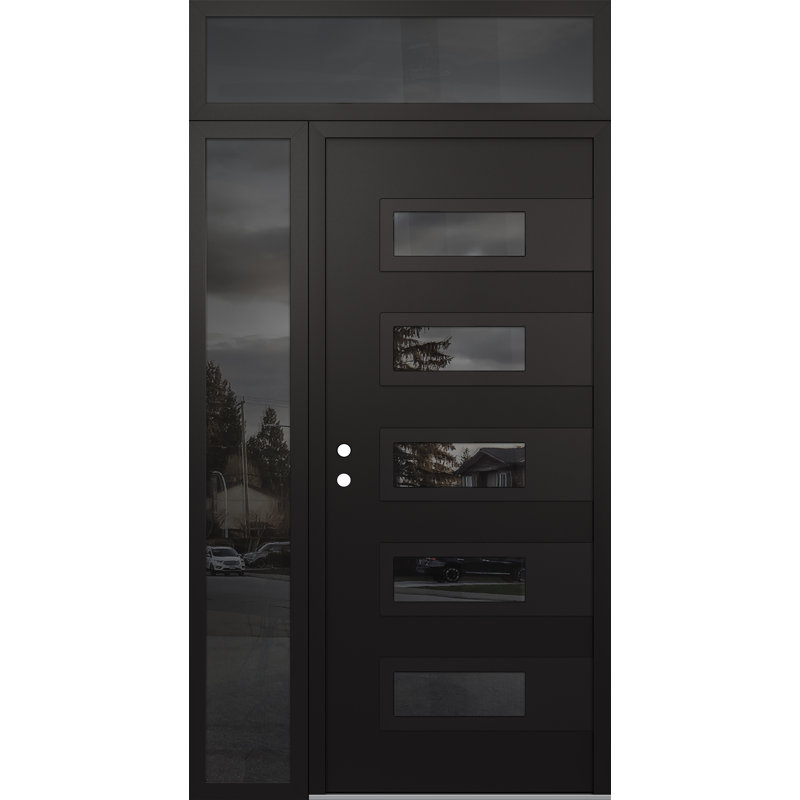 D3 Droite 48 po x 96 po Panneau noir acier noir et verre miroir noir avec porte d'entrée avant en verre à miroir Sidelite et Transom