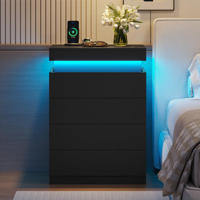 Nightstand With 4 Drawers And Led Lights,sliding Top,tall Bedside Table With Charging Station,modern End Side Table For Bedroom