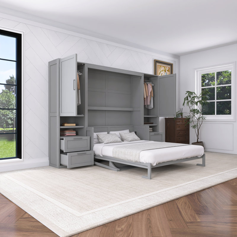 Grand lit escamotable mural gris avec placard, Gris