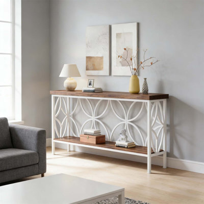Élégante console de style nordique à 2 niveaux avec accents métalliques et beaucoup de rangement, parfaite pour les vestibules et les salons
