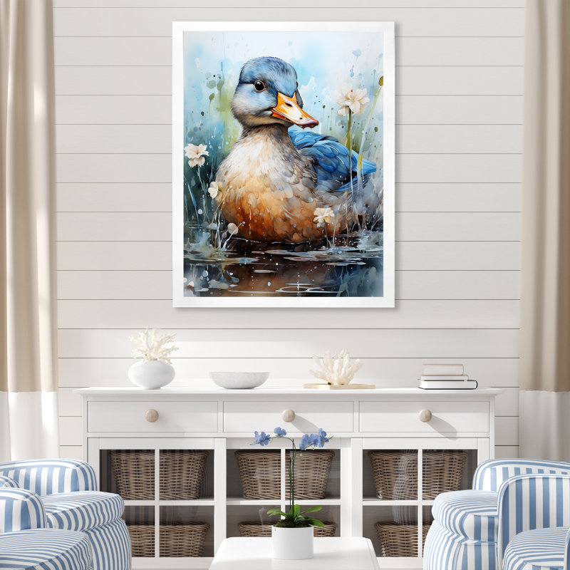 «Blue Duck», aquarelle, Cadre simple blanc, H 40 po x l 30 po x P 1,5 po