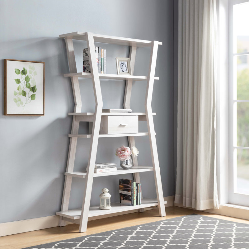 Modern Display Cabinet 4- Tier Open Shelving with Center Drawer in White Oak