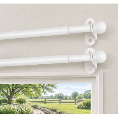 White cafe curtain rod for windows and French doors adjusts from 18-30 Inch with a 1/2" diameter and mounts using screws with brackets.