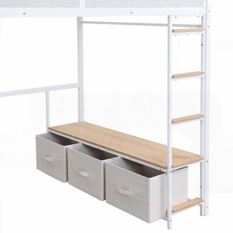 Lit mezzanine en métal pleine grandeur avec DEL, bureau et amp; Rangement - aucun sommier requis, soutien solide!