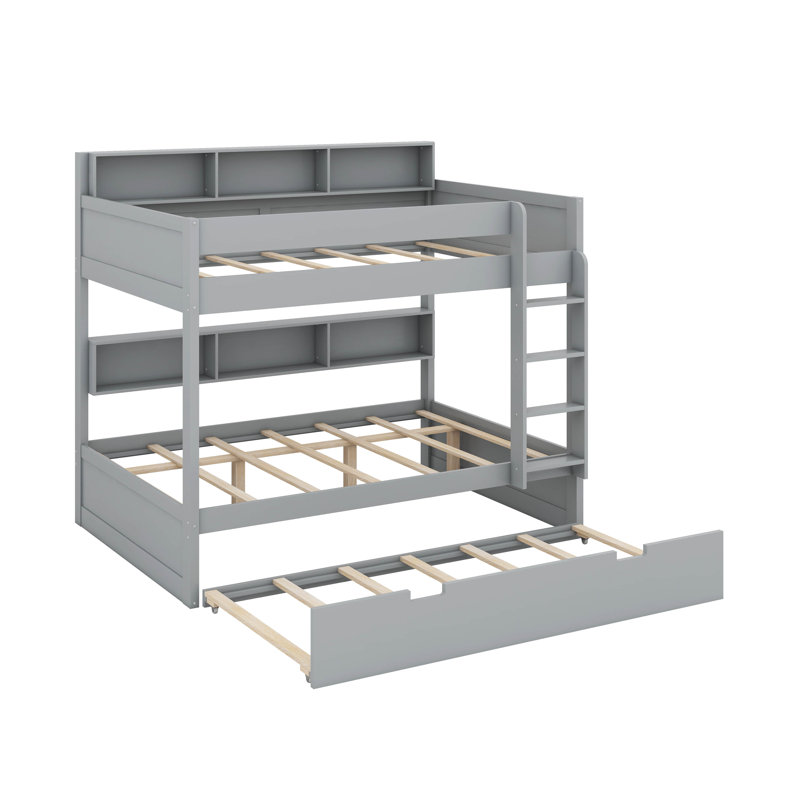 Lit superposé avec lit gigogne escamotable et tablettes de rangement latérales, lit superposé en bois peu encombrant, Gris