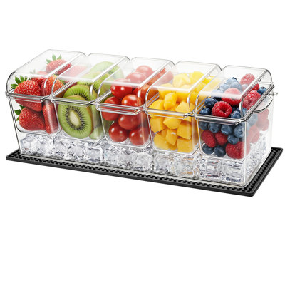 Serviteur réfrigéré à condiments, 5 compartiments de service refroidis à la glace, plateau de garniture de fruits en plastique avec couvercle séparé, pour accessoires de bar à salade Taco, fournitures de restaurant pour la fête à domicile