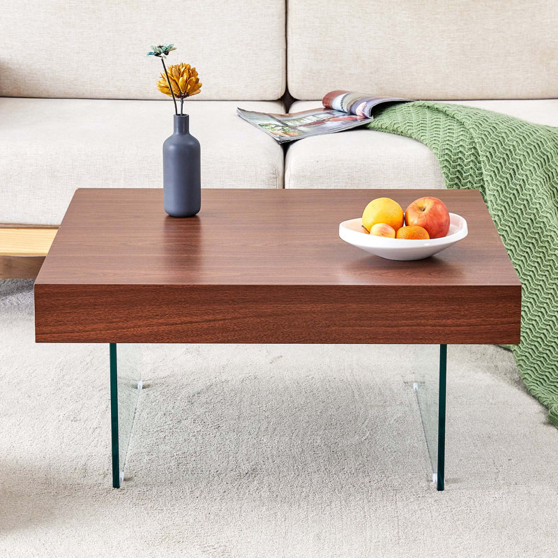 Table basse carrée - 31,5 po x 31,5 po avec pieds en verre trempé. Autocollant de panneau de densité