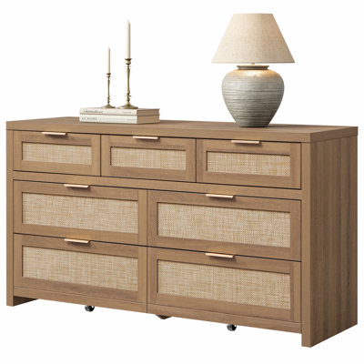 Chada 56.88" W Bohemian Rattan 7-Drawer Dresser With Ample Storage