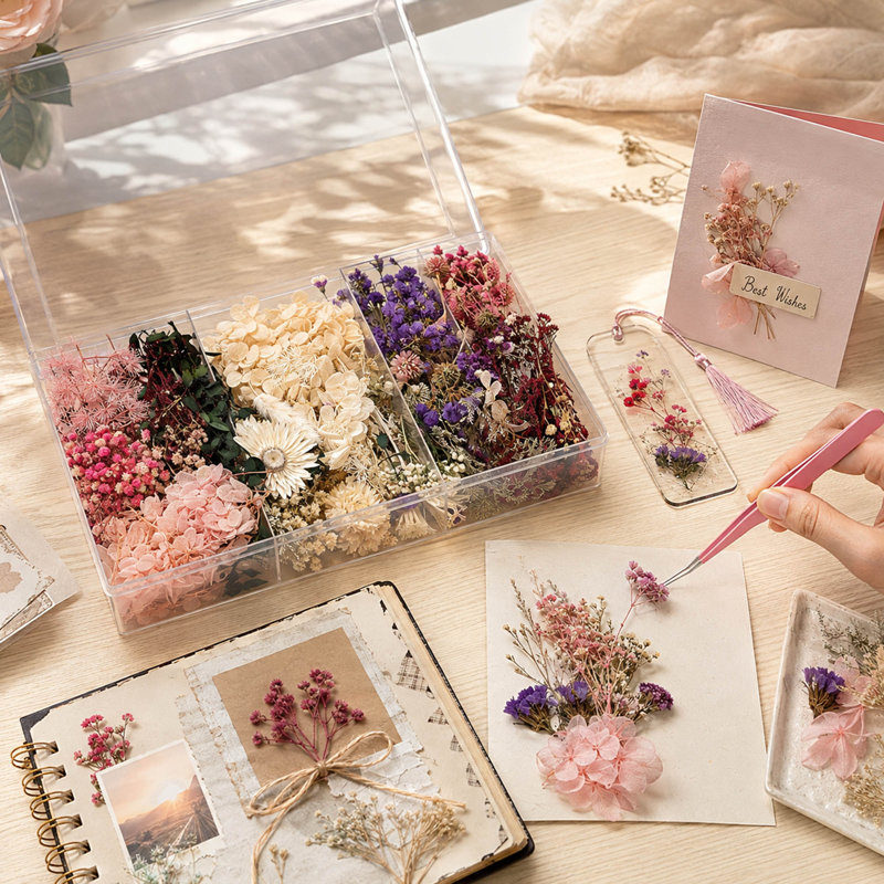 Fleurs naturelles séchées de couleurs variées avec feuilles et pince à épiler pour loisirs créatifs