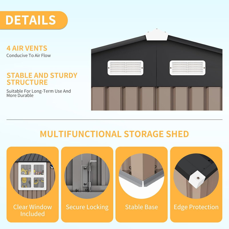 10x8 Outdoor Metal Storage Shed with Lockable Doors and Windows for Garden and Backyard, Brown