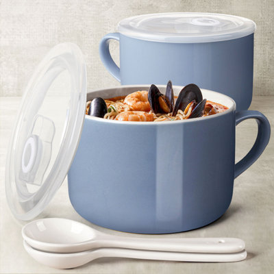 Ensemble de 2 bols à soupe 30 oz avec poignées / ensemble de grandes tasses 30 oz. Céramique de qualité alimentaire avec couvercle sans BPA et cuillère en céramique.