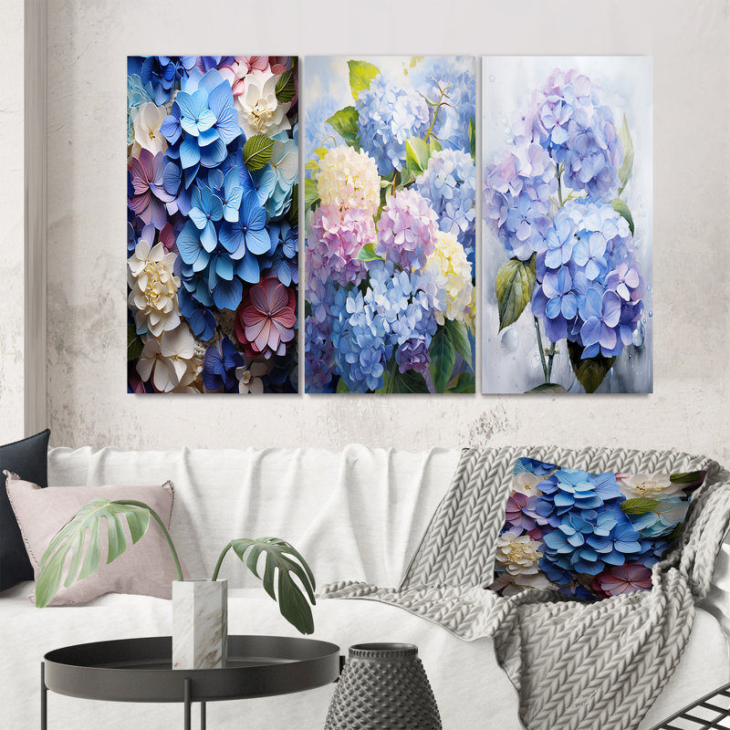 «Blue Hydrangea Garden Enchantment», 3 pièces sur toile, Toile tendue, H 40 po x l 60 po