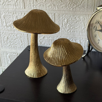 Figurines de champignons dorées de style éclectique, ensemble de 2, en aluminium moulé, pour étagères, hauteur 18 cm.