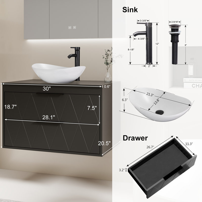 Meuble-lavabo mural avec lavabo vasque 30 po Sharee, Noir, Ovale
