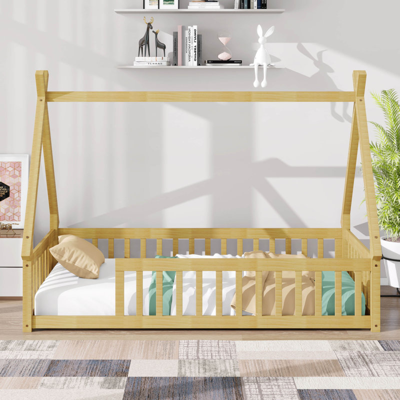 Lit simple pour enfants, lit en forme de tente, lit Montessori avec lattes et rails de clôture, structure de lit en bois