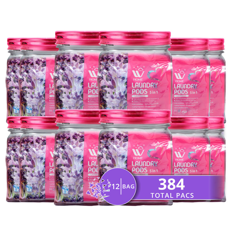 Dosettes à lessive 5 en 1 avec parfum de lavande W Home, transparent pour peau sensible, 384 unités