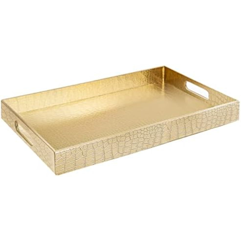 18"X12" Gold Glossy Crocodile Faux Leather Serving Tray Beautiful Modern Elegant Decorative Tray With Handles Ottoman Coffee Table Tray For All Occasion's