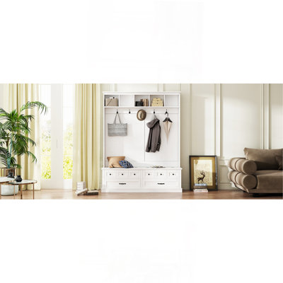 Elegant Wide Hall Tree With 5 Hooks, Versatile Entryway Lift Top Storage Bench With 2 Drawers, Retro Wooden 3-In-1 Coat Rack With Black Handles For Mudroom, Living Room,59"Wx74"H