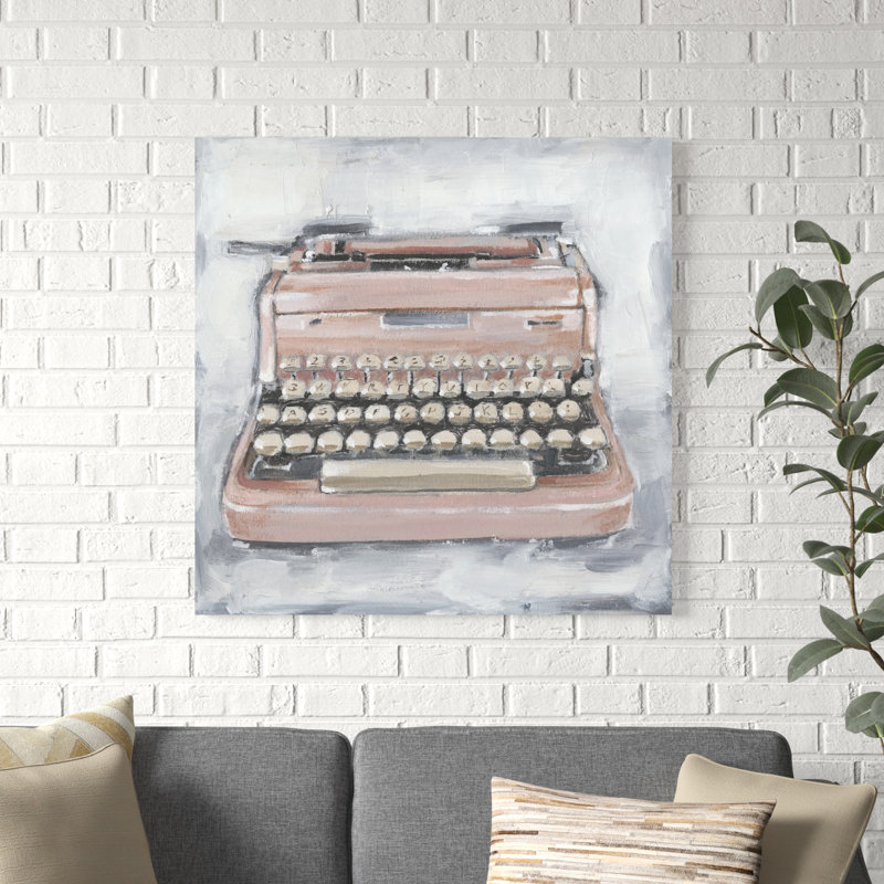 «Vintage Typewriter IV», peinture sur toile, Cadre blanc, H 13,625 po x l 13,625 po