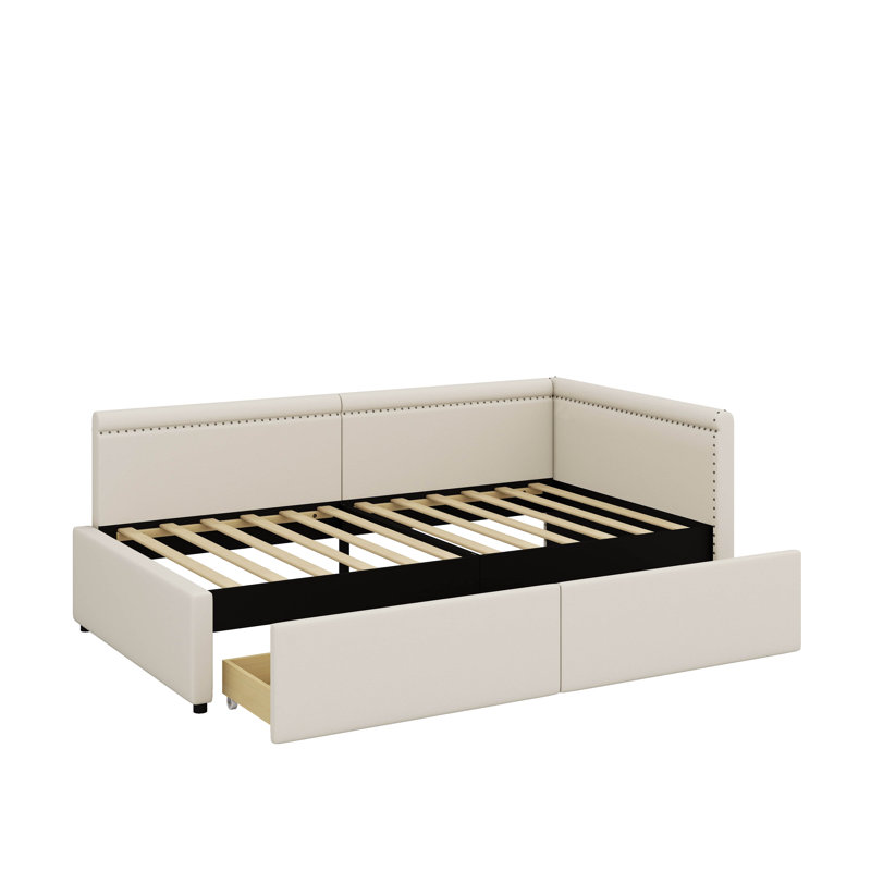 Lit de jour simple en L rembourré d'angle avec deux tiroirs de rangement, Beige