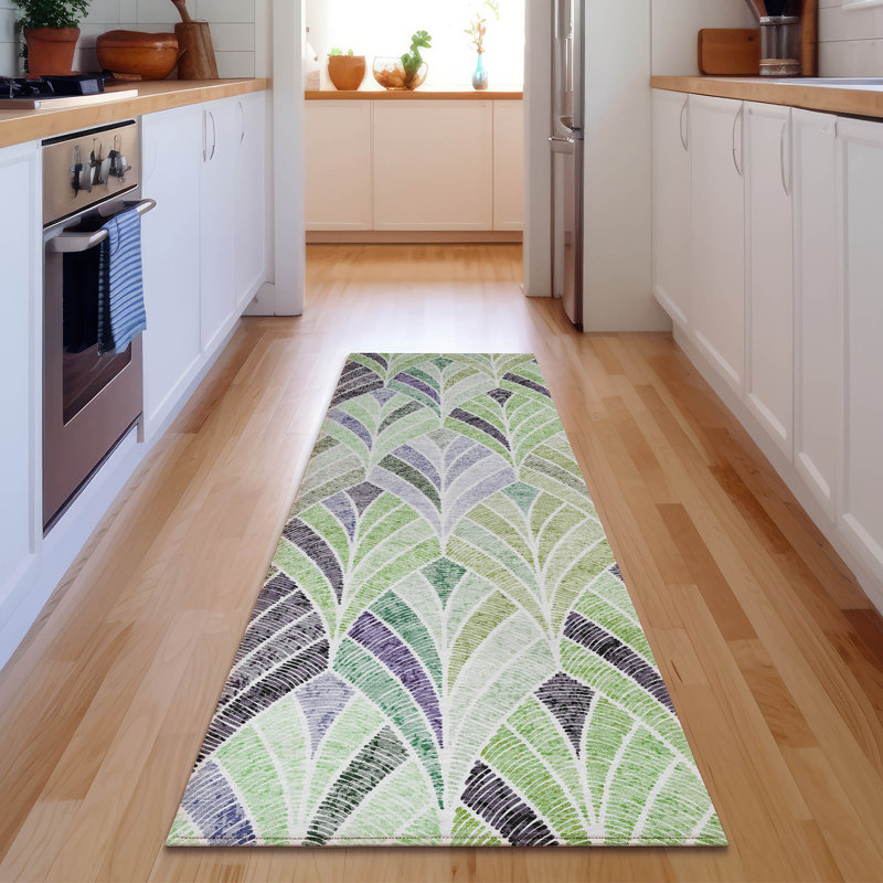 Premium Machine Washable Prisco Green Rug, Runner 2'3" x 7'6"