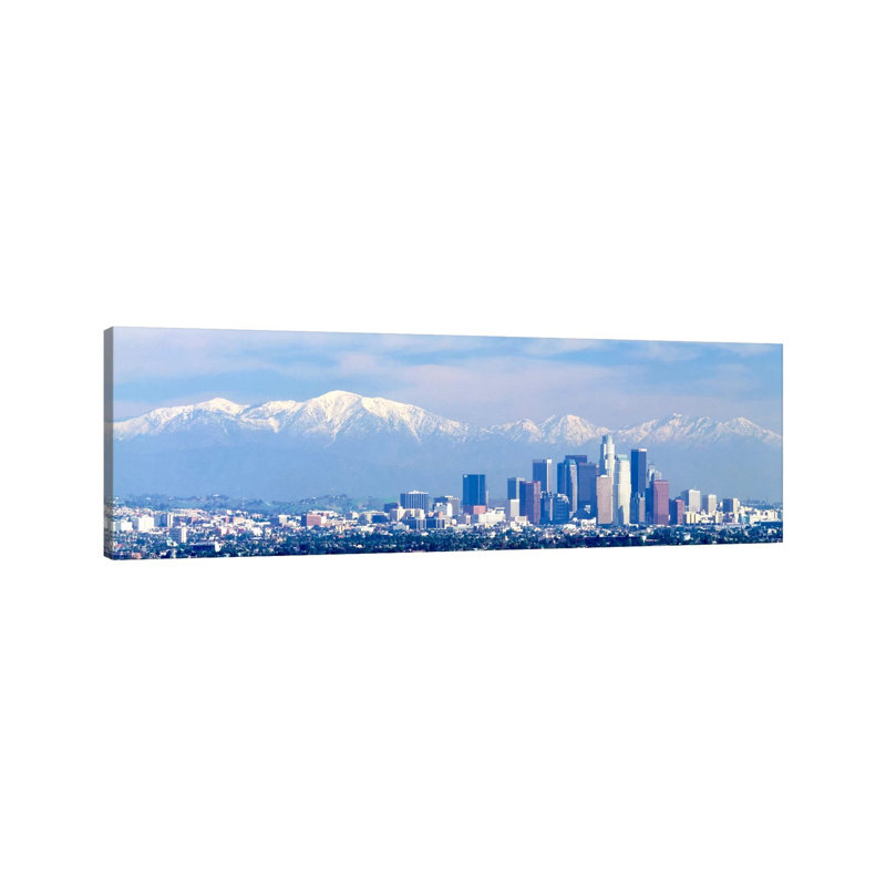 Buildings In A City With Snowcapped Mountains In The Background, San Gabriel Mountains, City Of Los Angeles, California, USA - Wrapped Canvas Panoramic Print