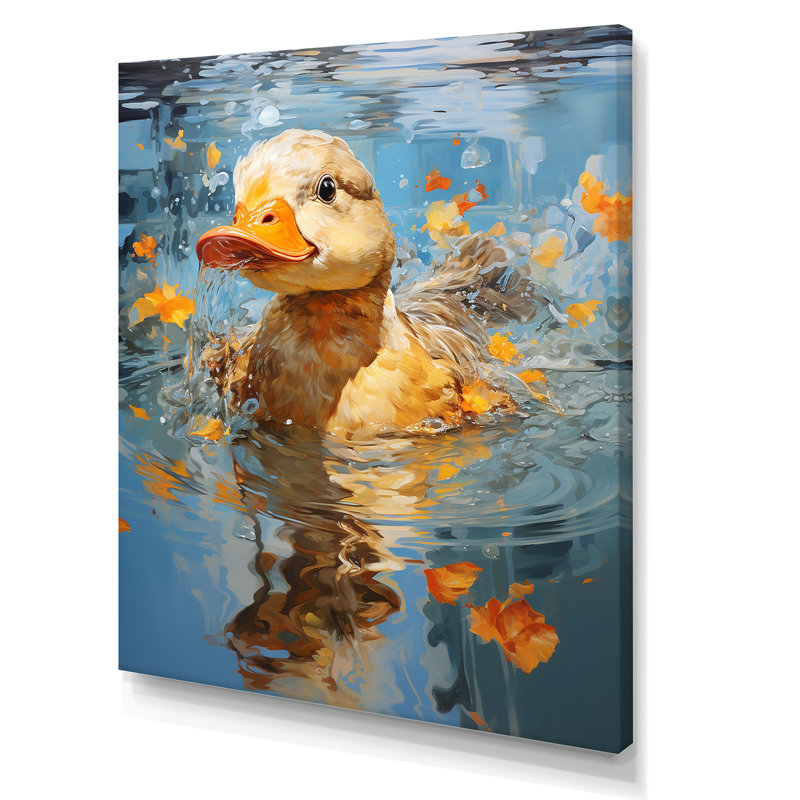 Yellow Ducklings Pond Reflections - Art mural animal de canard, Toile tendue, H 32 po x l 24 po