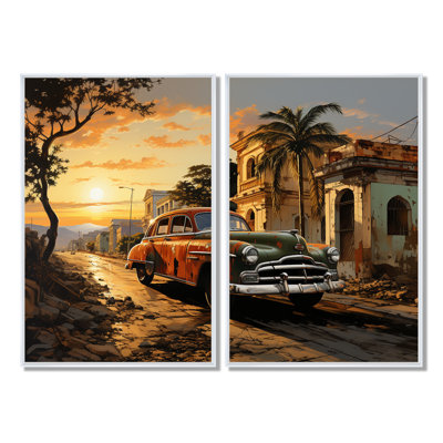 «Cuba Havana Sunset», ensemble de 2 reproductions d'art murales jaunes