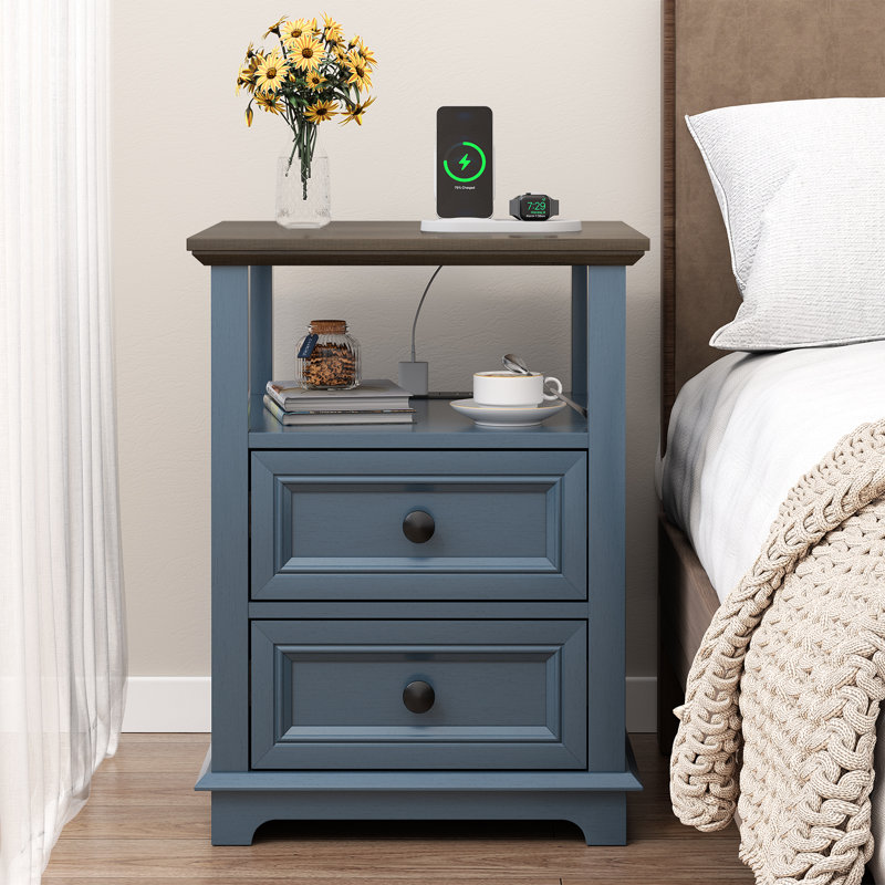 Chaky 2 - Drawer Nightstand with Storage and Built-In Outlets, Blue, Set of 2