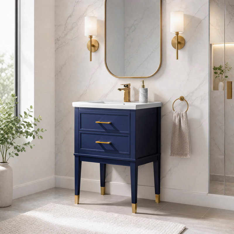 Ensemble de meuble-lavabo simple autoportant 24 po avec plateau en céramique Deon, bleu, 34" H x 24" W x 18.5" D