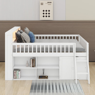 Full Size Loft Bed With Storage & LED Headboard Light, Loft Bed With Safe Ladder & Guardrails