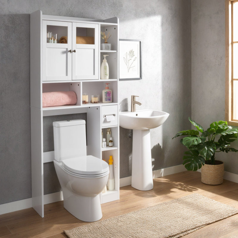 Unité de salle de bain blanche au-dessus de la toilette avec structure à double porte et quatre tablettes de rangement réglables