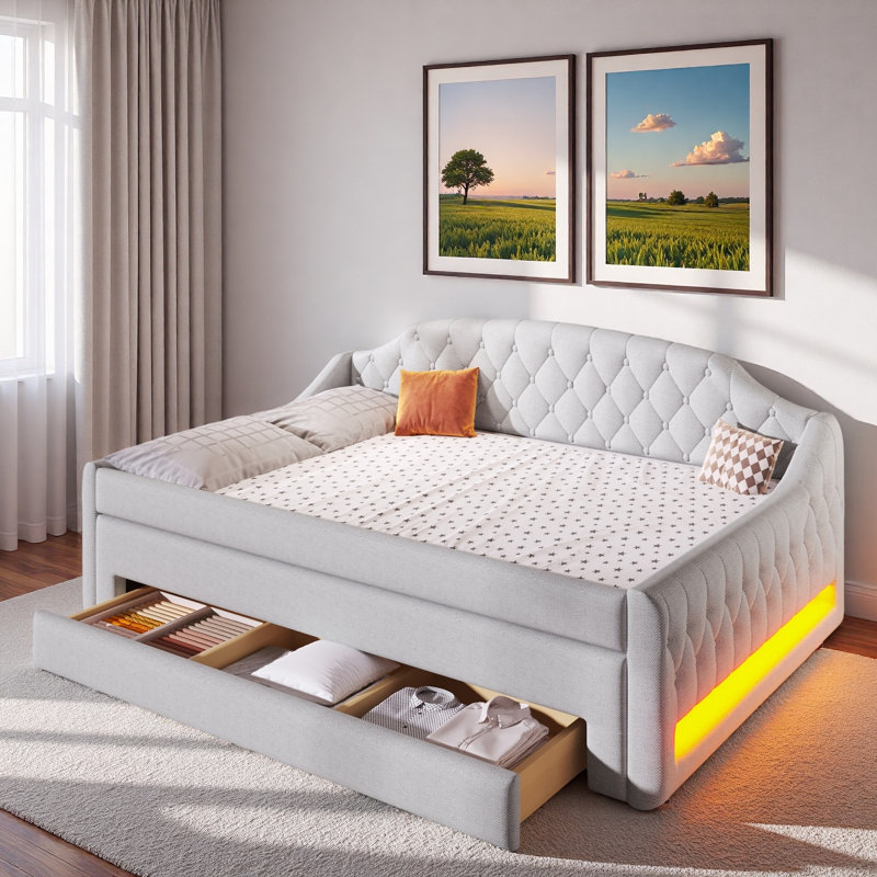 Upholstered Daybed With Led Belt And 3 Drawers, Beige