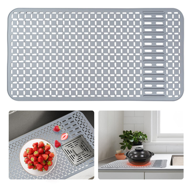 DIY Drain Hole Silicone Sink Mat, 25.6X13.6 Inch Farmhouse Kitchen Sink Protector, Heat Resistant Non-Slip Sink Liner For Stainless Steel Sinks
