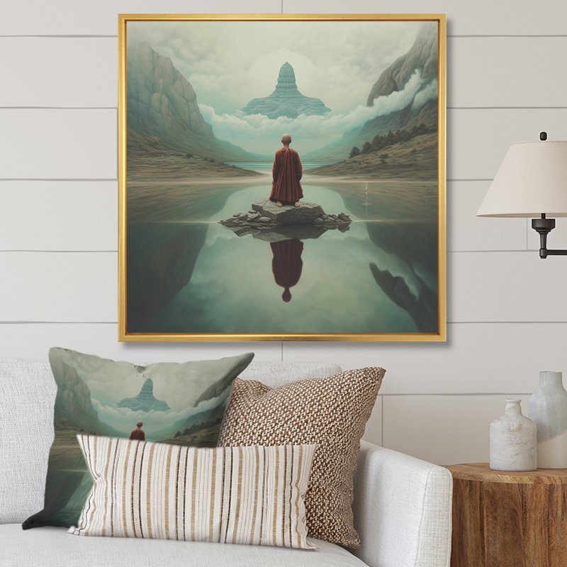 Mindfulness bouddhiste vison méditant sur toile, H 16 po x l 16 po x P 1 po, Cadre flottant doré