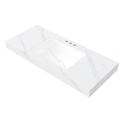 Comptoir en pierre frittée blanche 48 po MURI et vasque en céramique encastrée avec trois trous de robinet pré-percés standard, sans armoire, sans robinet et couvercle d'évier