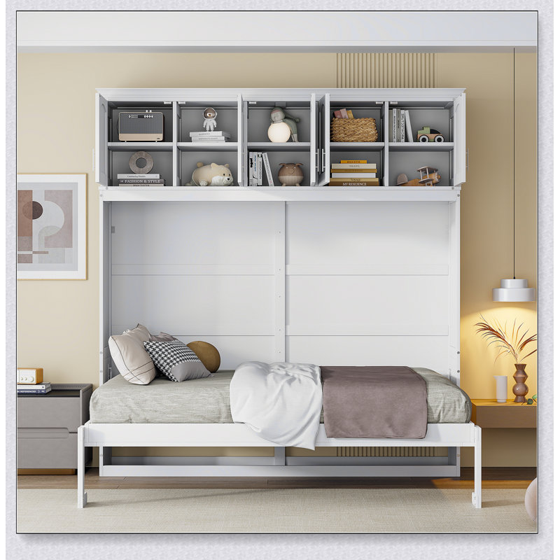 Murphy Bed Wall Bed With Top Cabinets, Full, White